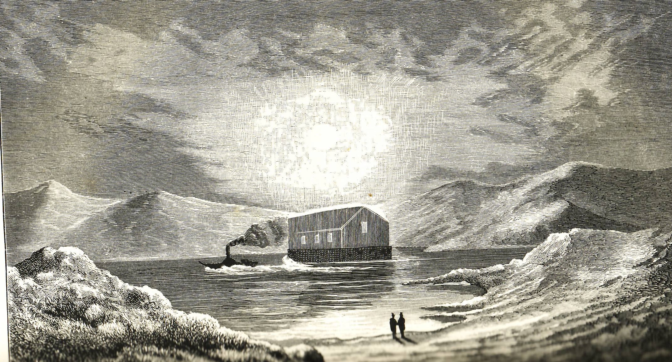 Engraving of the Floating Church being towed into Loch Sunart