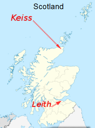 Map of Scotland showing Keiss and Leith